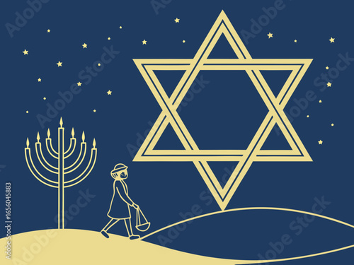 large golden Star of David, Happy Hanukkah of Jewish holiday Hanukkah, Holiday, celebrate a holiday. clean vector lines
