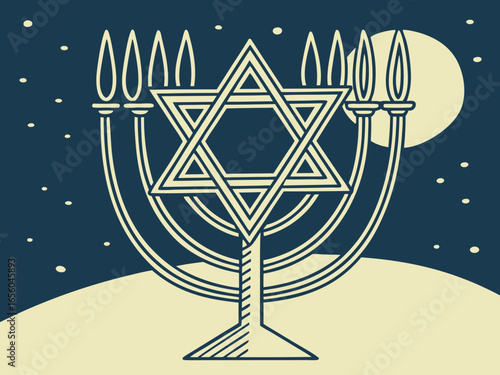 large golden Star of David, Happy Hanukkah of Jewish holiday Hanukkah, Holiday, celebrate a holiday. clean vector lines