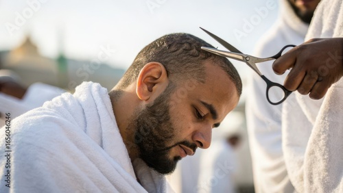 Man Having Hair Cut Outdoors