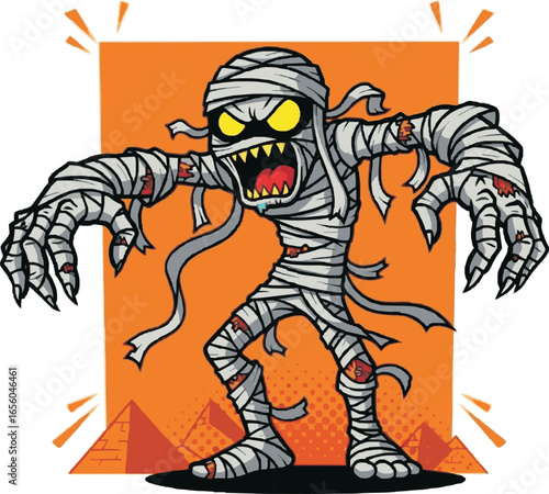 A cartoon mummy character, wrapped in bandages, with an angry expression, standing in front of pyramids.