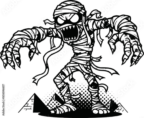 A menacing cartoon mummy illustration, ready to pounce.