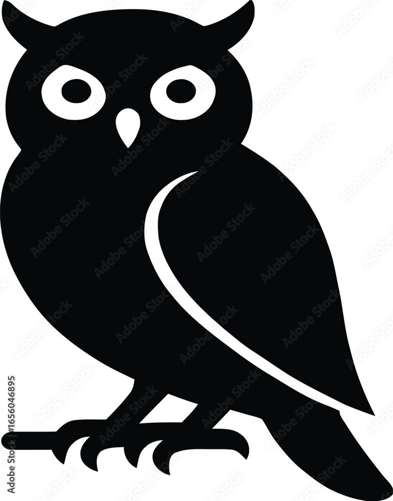 Fototapeta premium A wise wild owl character with big eyes perched on a branch in a cartoon vector illustration