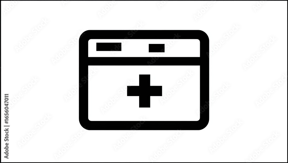 Obraz premium Simple black icon of a web browser window with a plus sign