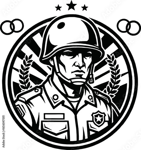 A black and white emblem featuring a stoic soldier in a helmet, framed by a circle with laurel wreaths and stars.