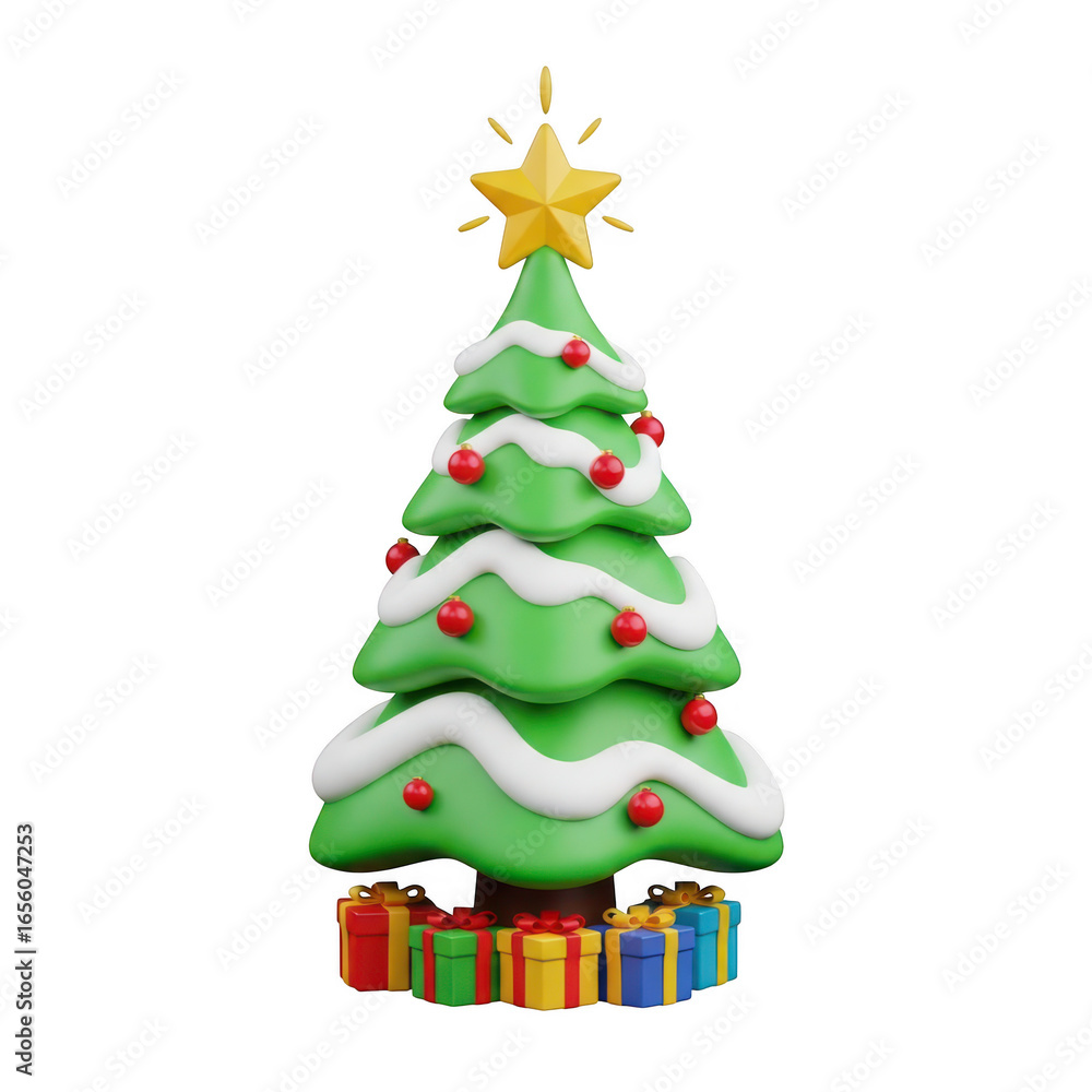 Fototapeta premium 3d icon of festive green christmas tree decorated with red ornaments and a yellow star, surrounded by colorful gifts, isolated on transparent background