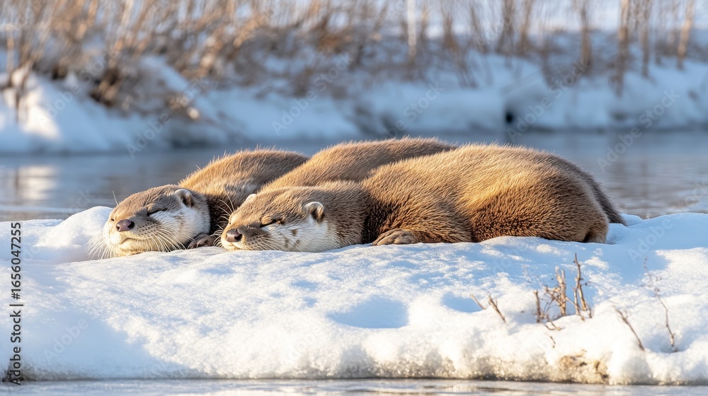 Naklejka premium Three Eurasian Otters Sleeping on Snow Bank by River