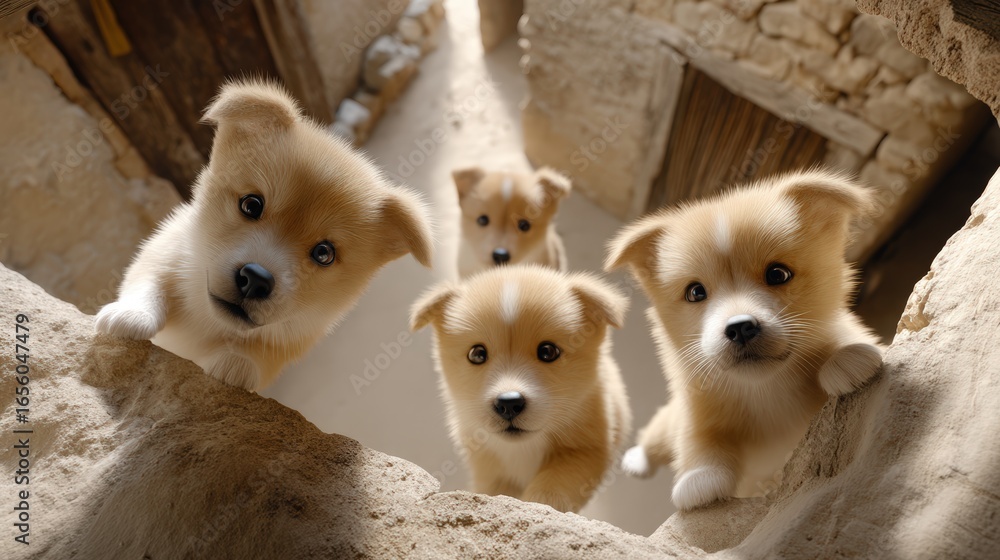 Fototapeta premium Outdoor photography of an adorable group of puppies looking down into the camera, perspective from below, wide angle lens, surrounded by a farmyard, soft natural daylight, cinematic lighting, ultra