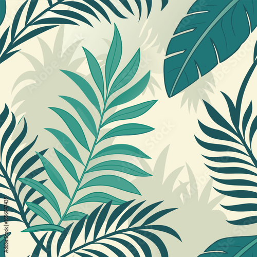 Teal and dark green tropical palm leaves on cream background foliage jungle