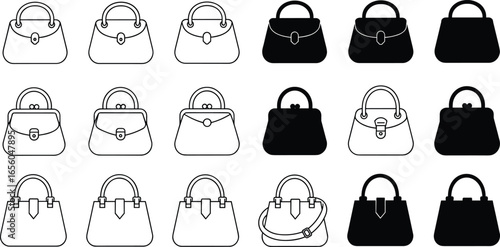 Handbag icon set, purse illustrations, fashion bags, black and white vector, handbag collection, shopping bag, accessory icons