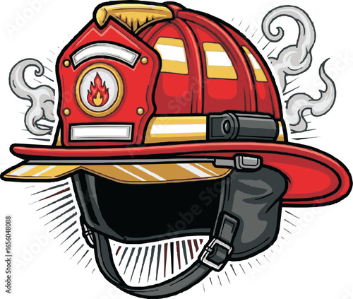 Detailed illustration of a firefighter's helmet, featuring vibrant colors and symbolic imagery.