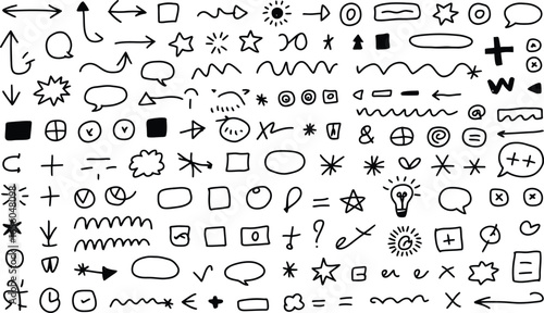 Collection of hand drawn doodle arrows speech bubbles stars and symbols