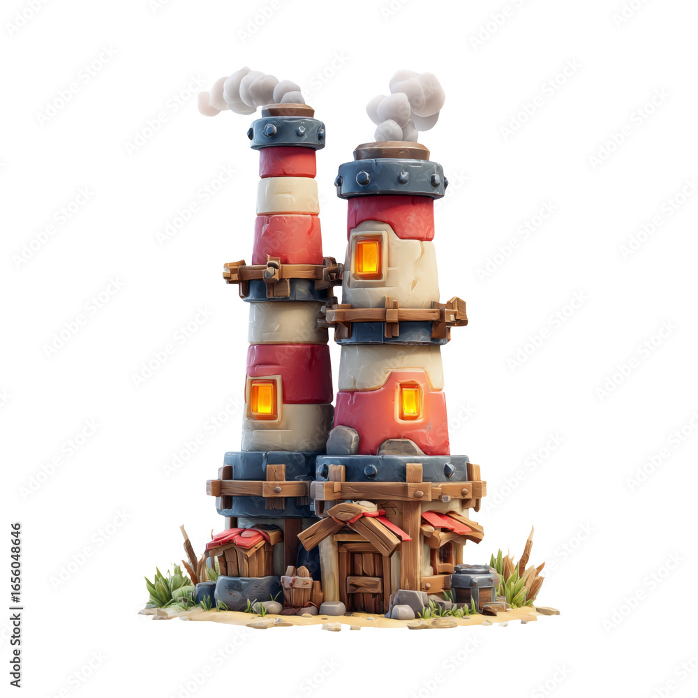 Fototapeta premium Isolated Cartoon Factory with Smoky Chimneys on Transparent Background