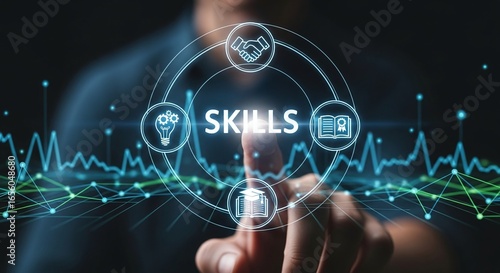 Developing Key Skills for Career Advancement and Professional Growth Concept Represented by Interactive Digital Display and Human Interaction