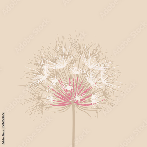Delicate Dandelion Seed Head Illustration on Beige Background, Whimsical Dandelion Art with Pink Accents for Soft Feminine Design