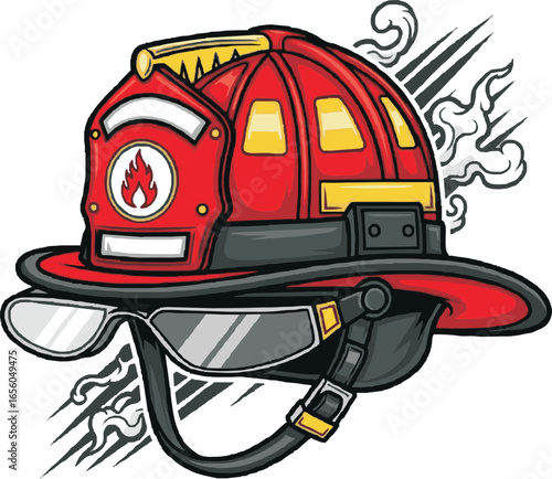 A detailed illustration of a red firefighter helmet with protective goggles and a flame symbol.