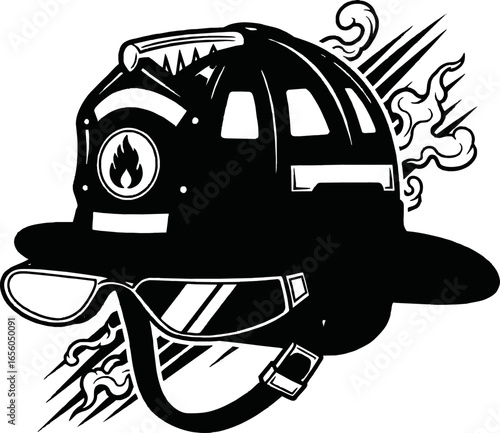 Illustration of a firefighter's helmet with goggles and flames in black and white.