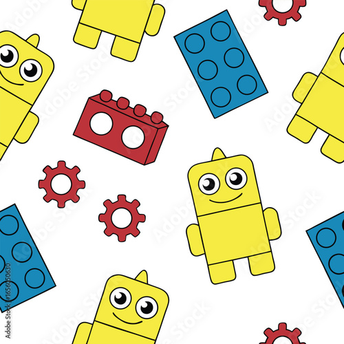 Yellow cartoon robots blue and red building blocks and gears pattern toy blocks construction toys