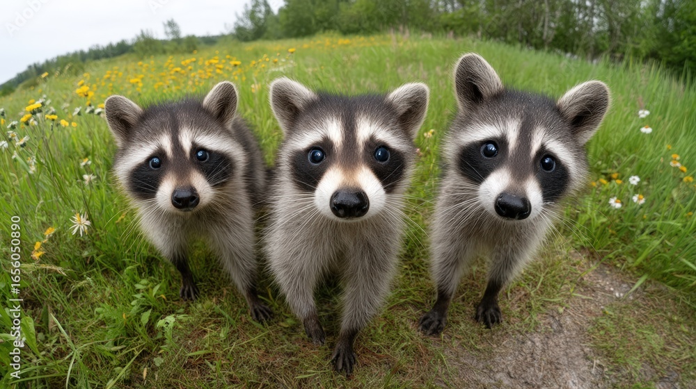 Obraz premium Outdoor photography of an adorable group of raccoons looking down into the camera, perspective from below, wide angle lens, surrounded by a meadow full of flowers, soft natural daylight, cinematic