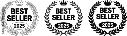 Collection of three best seller badges with laurel wreaths and crowns