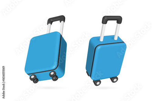Two pastel blue luggage bags or baggage with black handles in perspective view floating in mid air on white background or isolated background, vector 3d isolated for travel advertising design