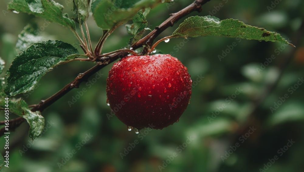 Obraz premium On a branch, a beautiful red apple is suspended, its vibrant skin glistening with moisture as it soaks up the warm sunlight, surrounded by a lush canopy of green leaves