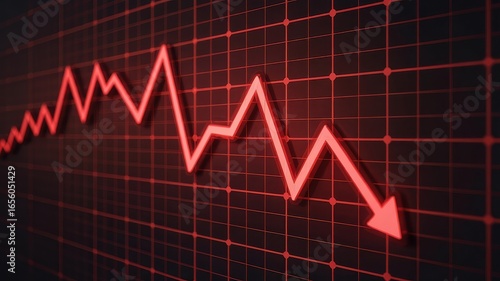 Red downward trending graph indicating significant financial decline and market crash with a sharp drop shown on a grid background
