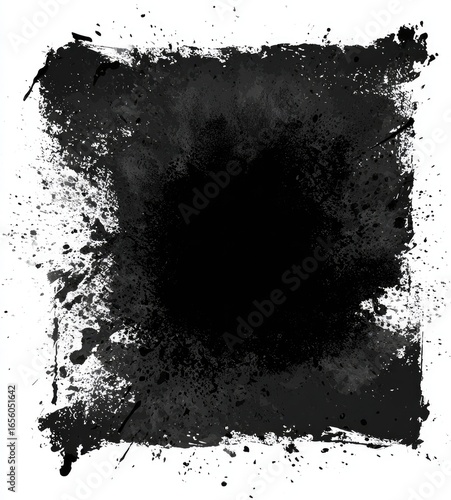 Square black paint splatter design on white background