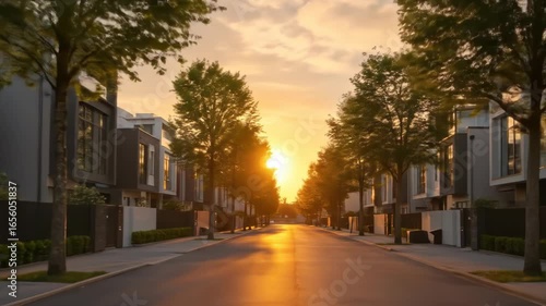 Suburban street bathed in the golden glow of sunset, lined with trees and modern homes