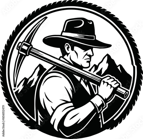 A black and white emblem of a rugged miner holding a pickaxe with mountains in the background.