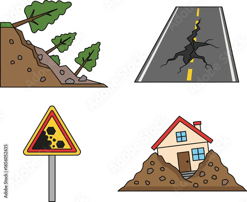 Landslide damage depicted with a road crack, trees uprooted, and a house buried in debris.
