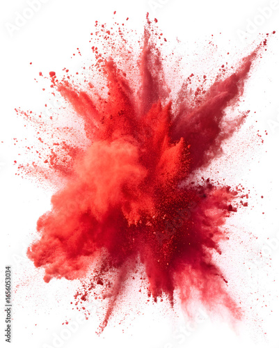 Explosive splash of vibrant red Holi powder captured mid-air, radiating energy and celebration against a pristine white backdrop