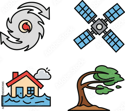 Hurricane, satellite, flood, and wind-blown tree icons illustrate natural disaster monitoring.