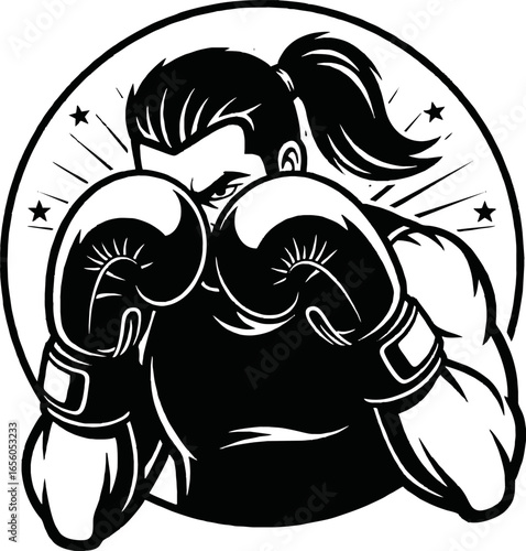 A muscular boxer with gloves, ready to fight, in a dynamic pose.