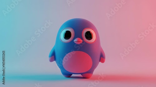 A charming, cartoon-style penguin with blue and pink coloring, standing against a gradient backdrop.