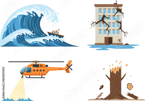 Emergency response to natural disasters: tsunami, building collapse, and tree damage.