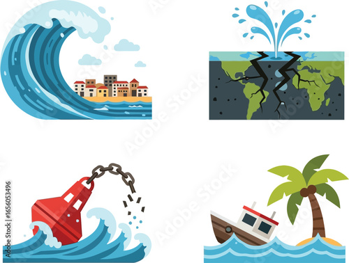 Coastal disaster icons depicting tsunami waves, earthquake fault lines, a sinking boat, and a buoy in turbulent waters.