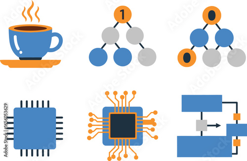 Simple icons depicting coffee, binary trees, microchips, and a flowchart, representing data processing and computing concepts.