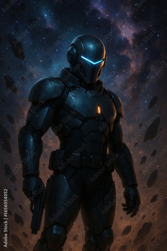 Fototapeta premium Futuristic armored warrior with glowing visor stands in deep space