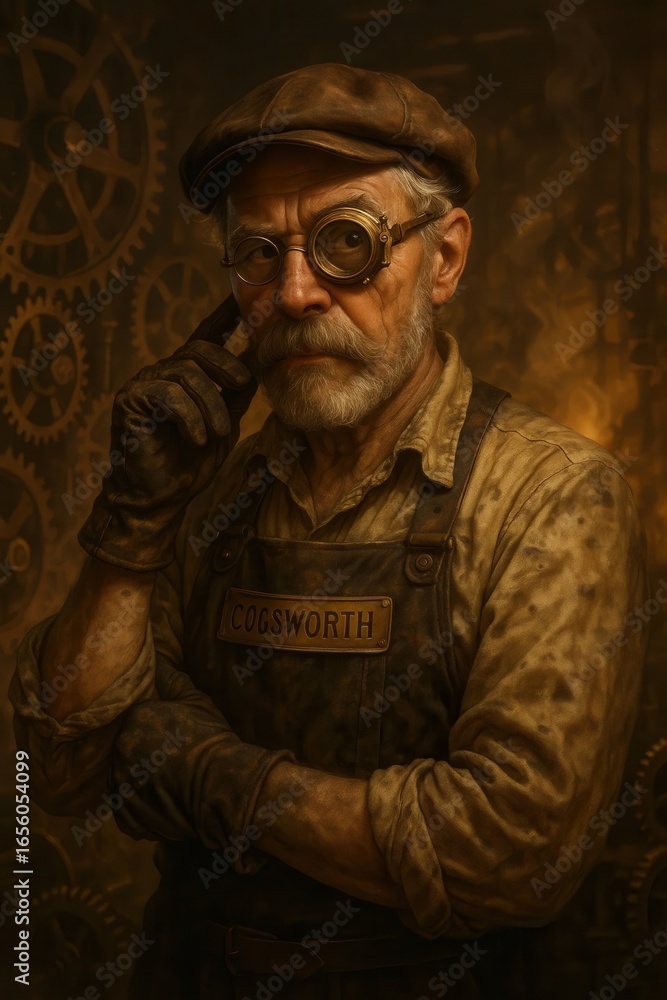 Obraz premium Steampunk inventor wearing goggles and work attire in a workshop setting.