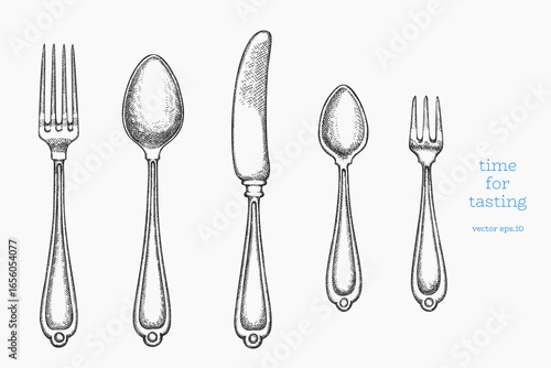 Vintage Hand Drawn Vector Illustration of Cutlery Not AI Generated Retro Fork  Spoon Knife Engraved Kitchen Utensils