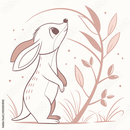 Curious cute fennec fox character looking up at a plant, vector illustration design