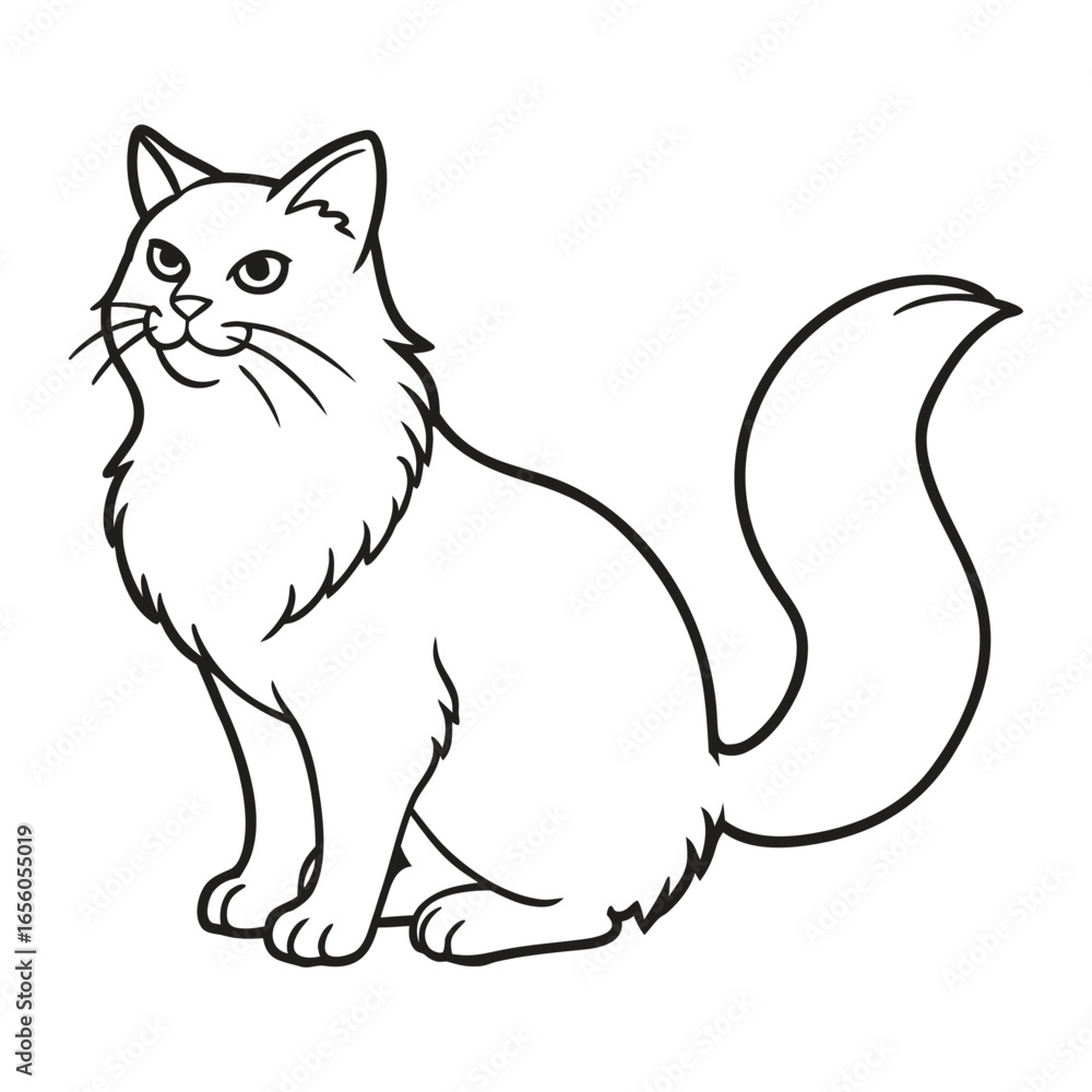 Obraz premium Outline drawing of a fluffy cat sitting and looking up