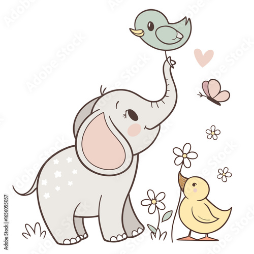 Playful Vector Cute Elephant and Bird in a Childlike Illustration
