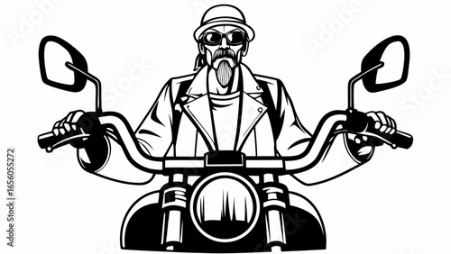 Illustration of a biker with sunglasses and a hat riding a motorcycle in black and white style art silhouette