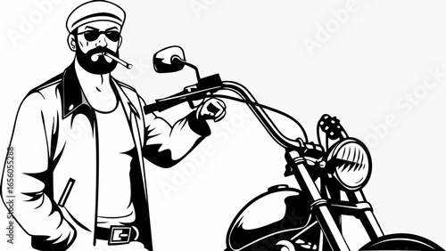 A biker with sunglasses and a cigarette standing next to a motorcycle in black and white style art silhouette