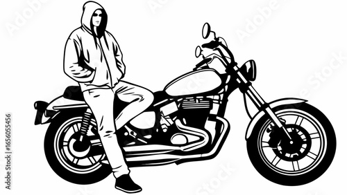 A hooded figure leans casually against a classic motorcycle rendered in stark black and white illustration silhouette