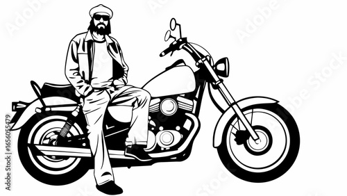 Man with beard and sunglasses sitting on a motorcycle with a cap and jacket in black and white design silhouette
