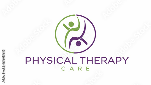 Physical therapy care logo with intertwined figures in a circular design with green and purple hues silhouette
