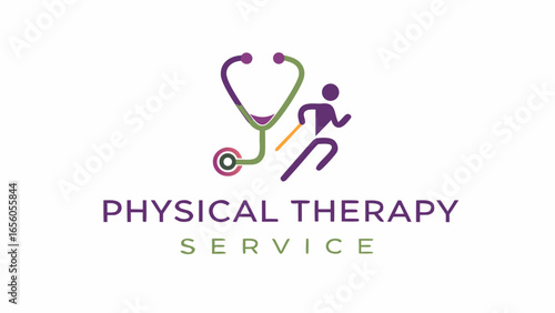Stethoscope and running figure representing physical therapy service and health care assistance logo design silhouette