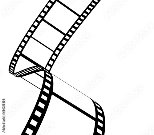 Black and white illustration of a curved film strip, suitable for designs related to movies and cinematography. Vector illustration on white